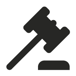 A black silhouette of a judge's gavel striking a sound block.
